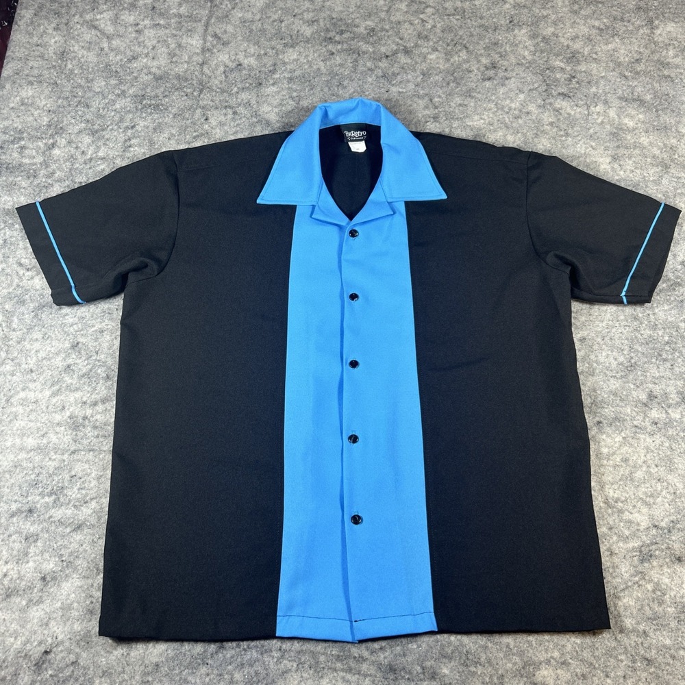 NWOT Be Retro Shirt Mens Medium Black Blue Bowling Camp Button Up Colorblock USA
